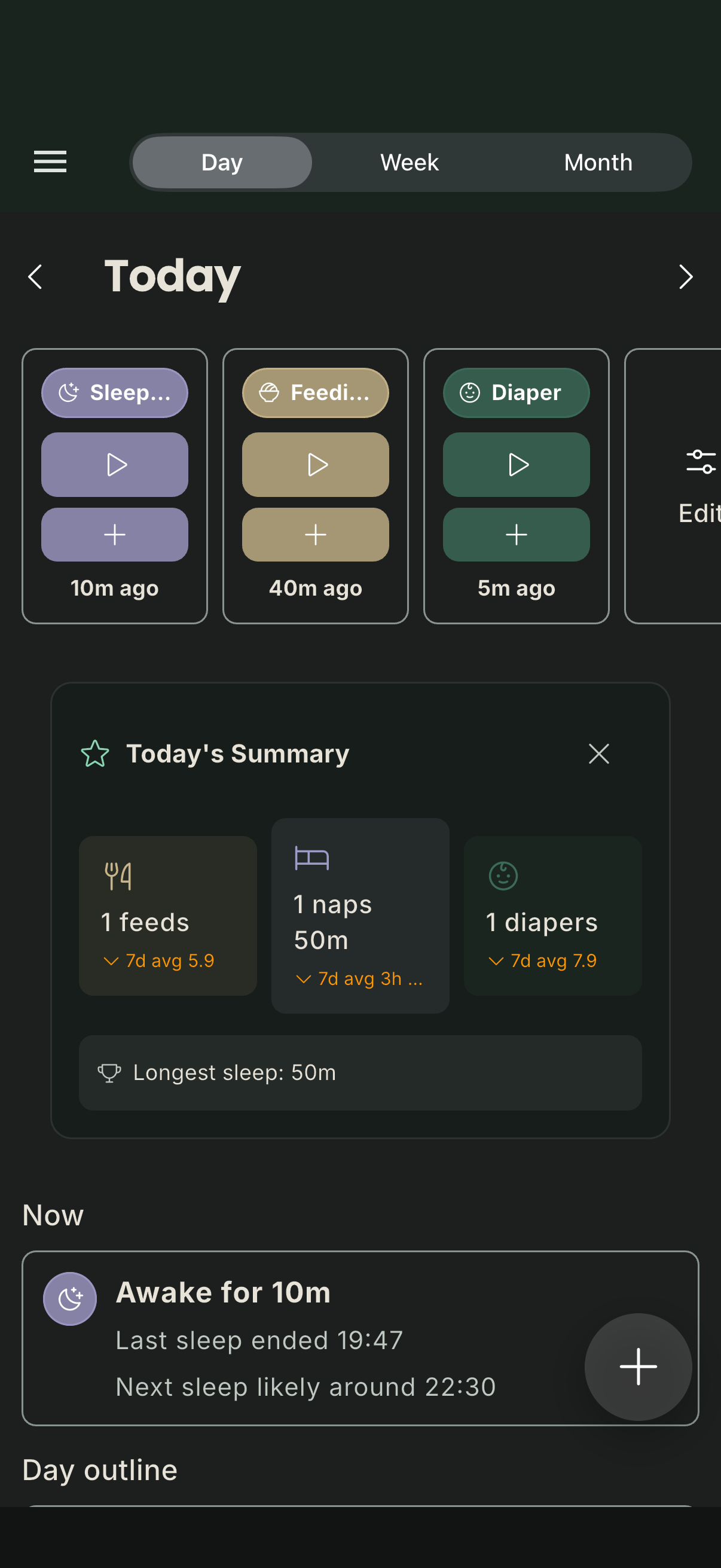 Vaava daily digest summary with sleep, feeding, and diaper totals
