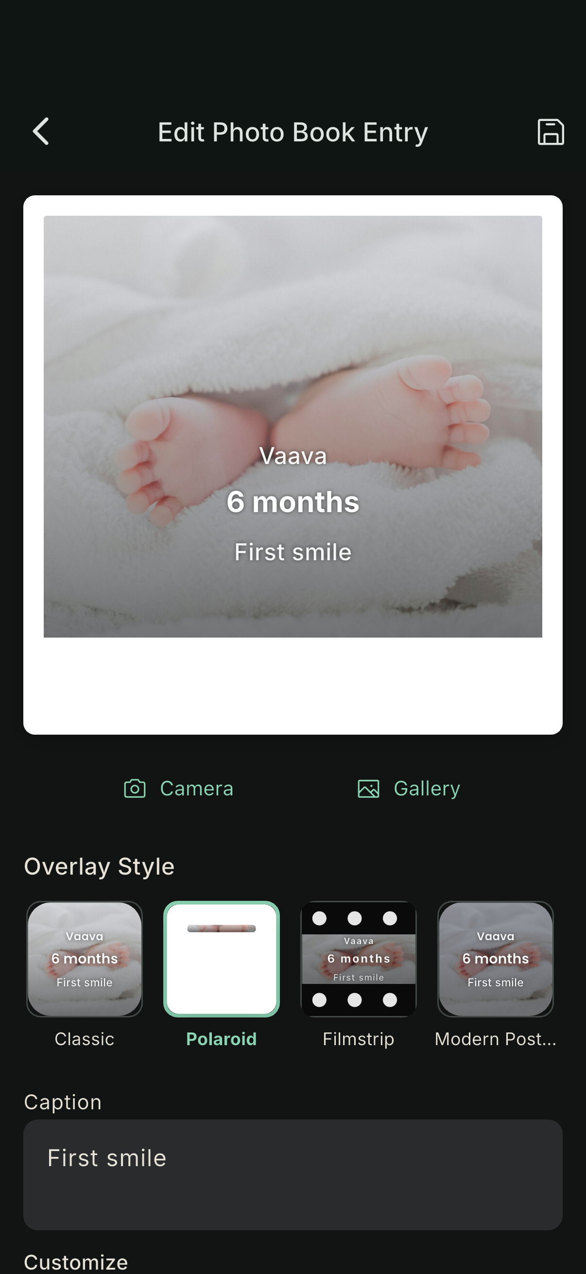 Vaava Photo Book milestone composer with premium overlay themes
