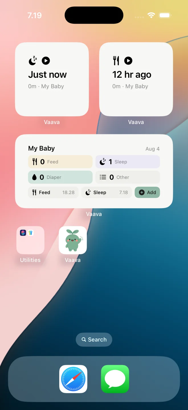 Vaava Home Screen widgets showing today's baby summary