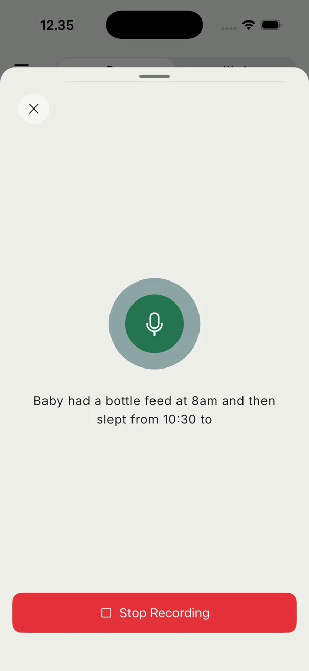 Spoken feeding and nap details appearing as a transcript