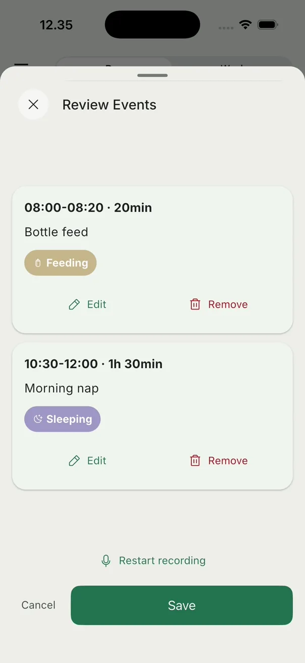 Review screen with separate feeding and nap events ready to save
