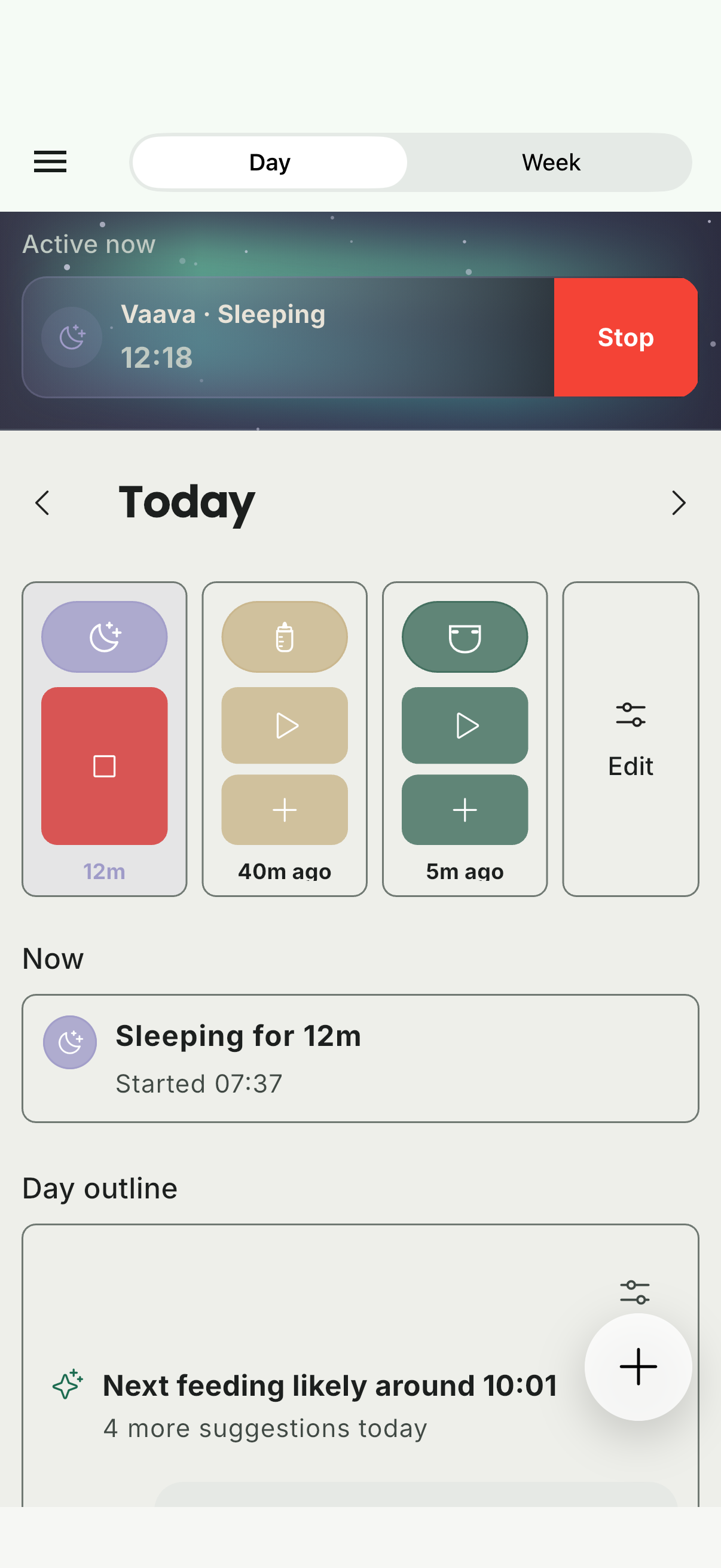Vaava's day view with an active sleep timer